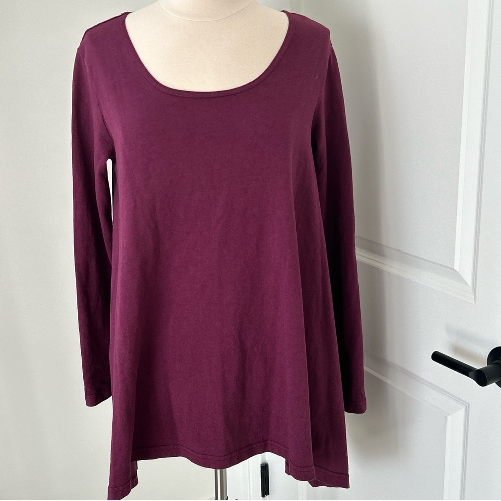 BRYN WALKER sz S Heavy Cotton A-Line Sharkbite Asymmetrical Top Berry Burgundy